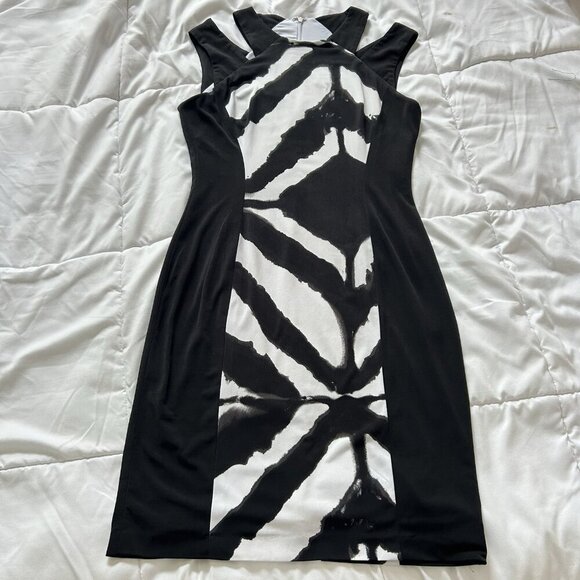 Cache Dress Womens 10 Black White Contrast Midi Sheath Sleeveless Business Y2K - Picture 1 of 9